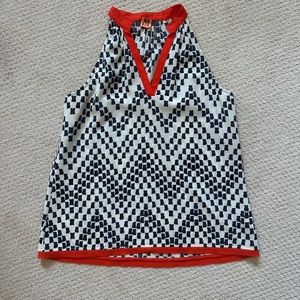 Navy and red silk sleeveless blouse.